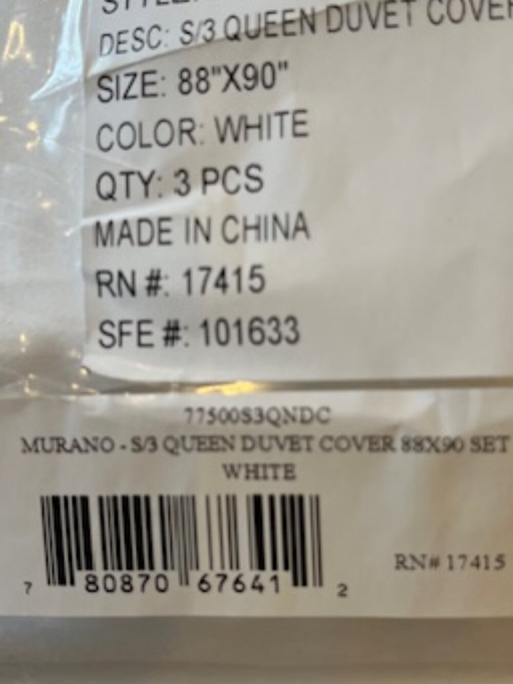 Murano - S/3 Queen Duvet Cover - Queen size 88' x 90".  WHITE  -  Qty: 3 Pcs -